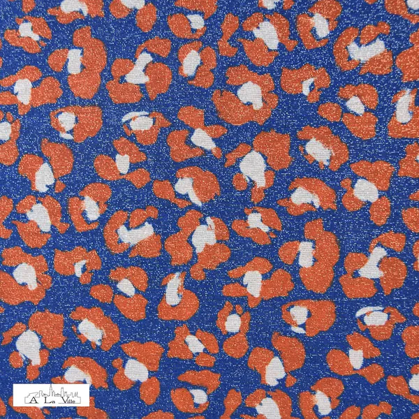 Metallic jersey blauw met oranje luipaardprint - Knipmode